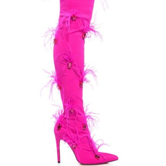 AZALEA WANG " FINESSED FEATHER EMBELLISHED " PINK BOOT (BRAND NEW!!) - Picture 5 of 9